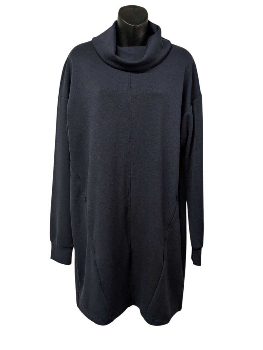 Stylus Women's Blue Cowl Neck Shift Knee Dress Long Sleeve Pockets Size M
